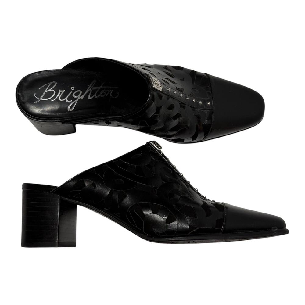 Brighton Mules Black Leather Cut Out Silver Stud Detail Block Heel size 8.5